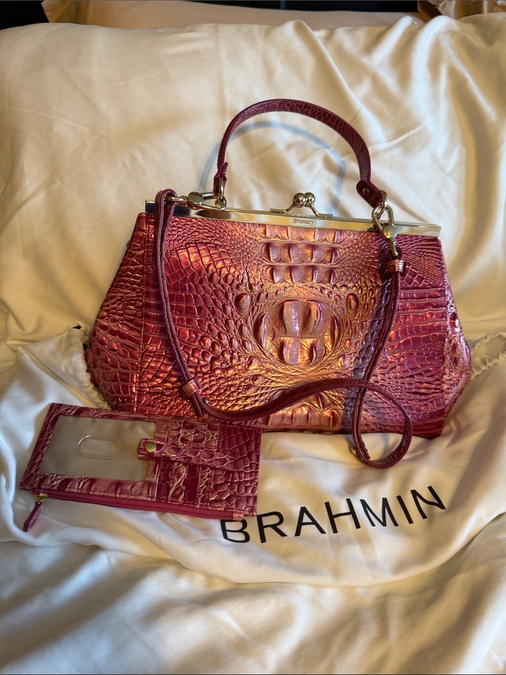 Brahmin Iridescent Raspberry Croc-Embossed Satchel with Cardholder